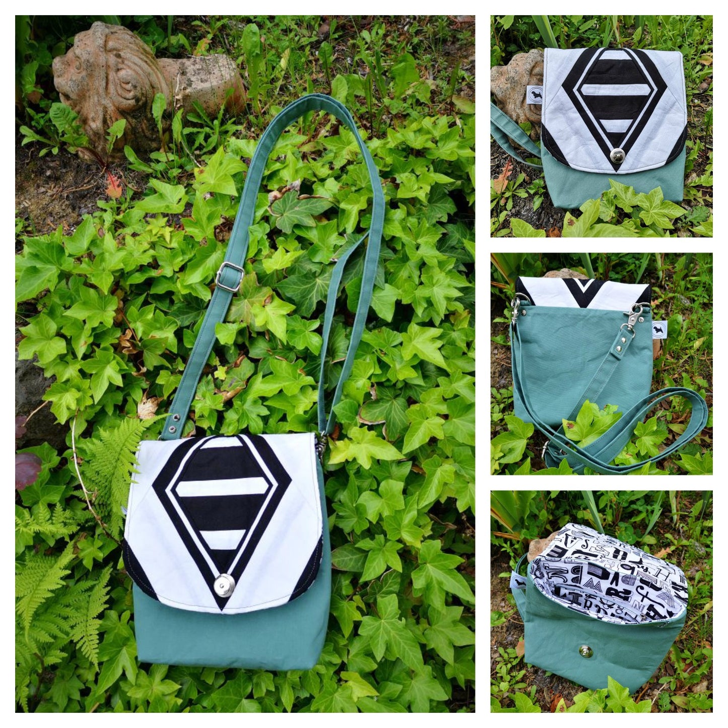 The Crossbody Bag PDF Sewing Pattern blue fabric with black and white detail