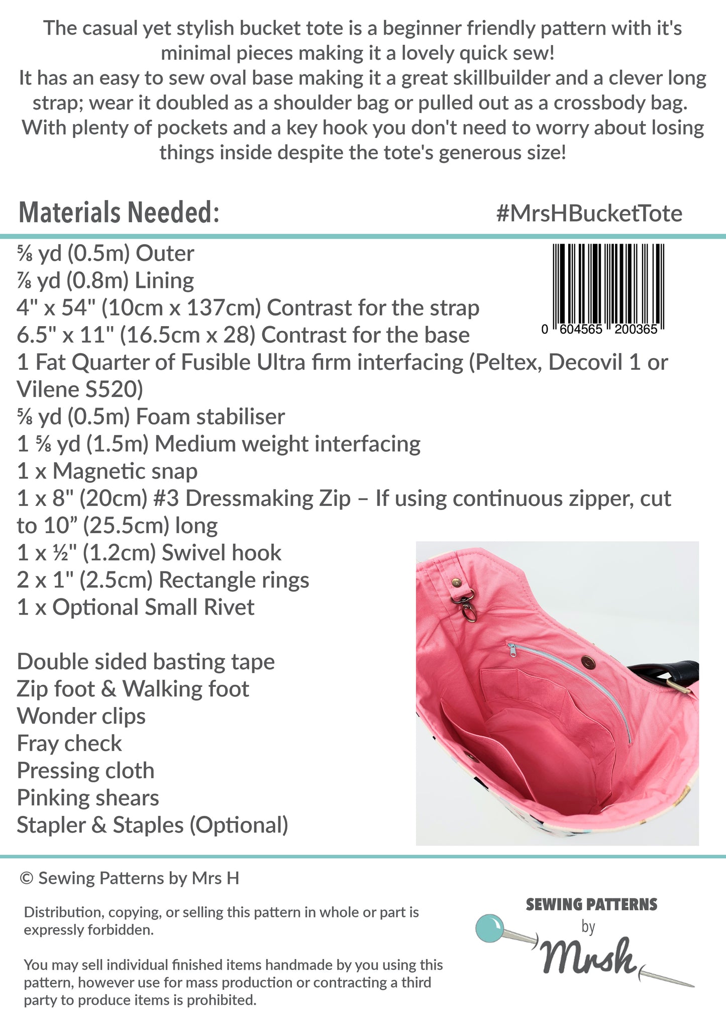 Bucket Tote PDF Sewing Pattern Rear cover
