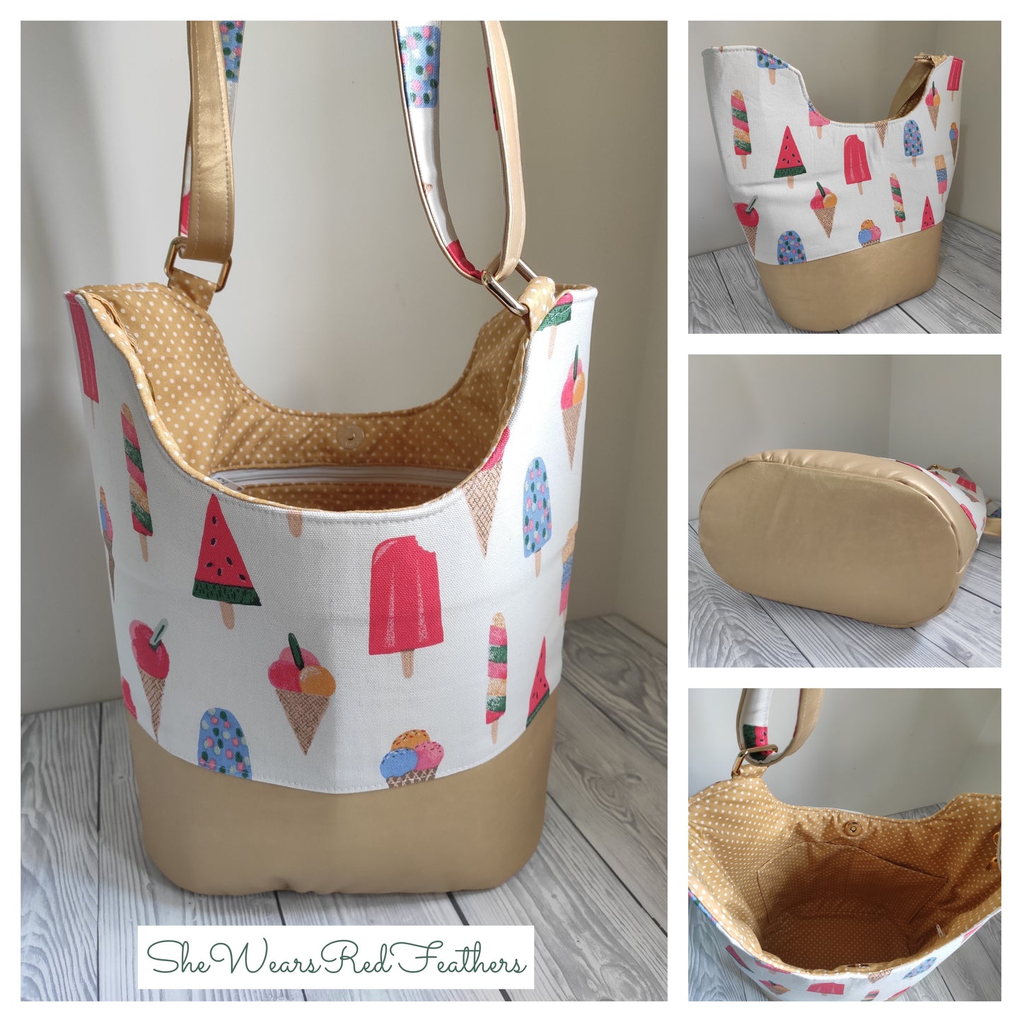 Bucket Tote PDF Sewing Pattern Ice cream fabric