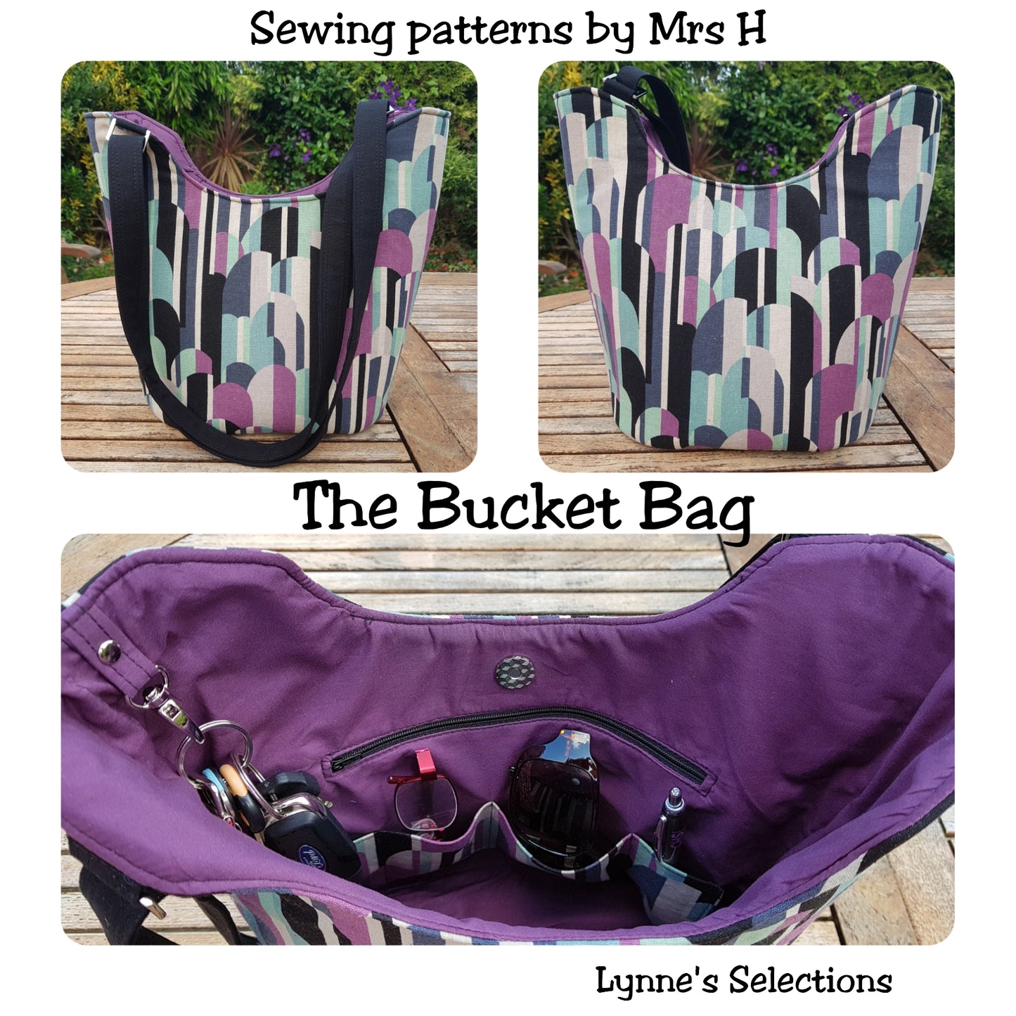 Bucket Tote PDF Sewing Pattern purple interior fabric