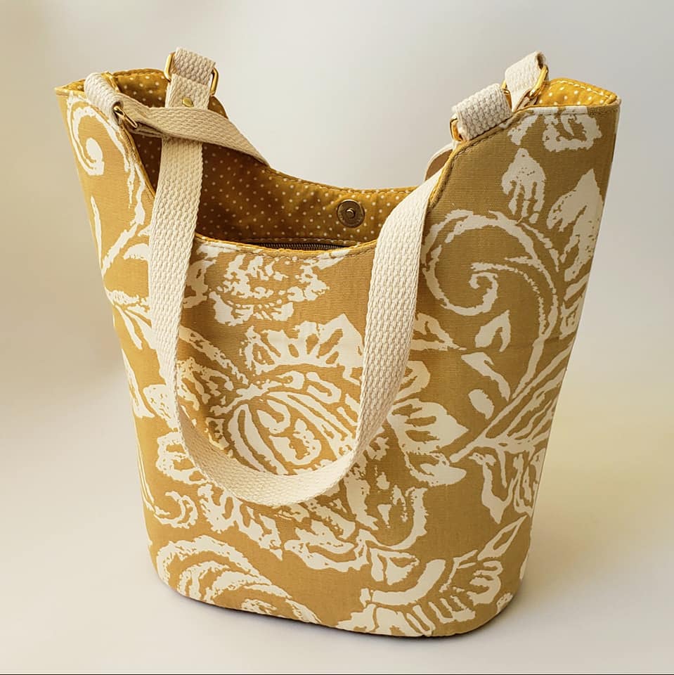 Bucket Tote PDF Sewing Pattern yellow fabric and white strap