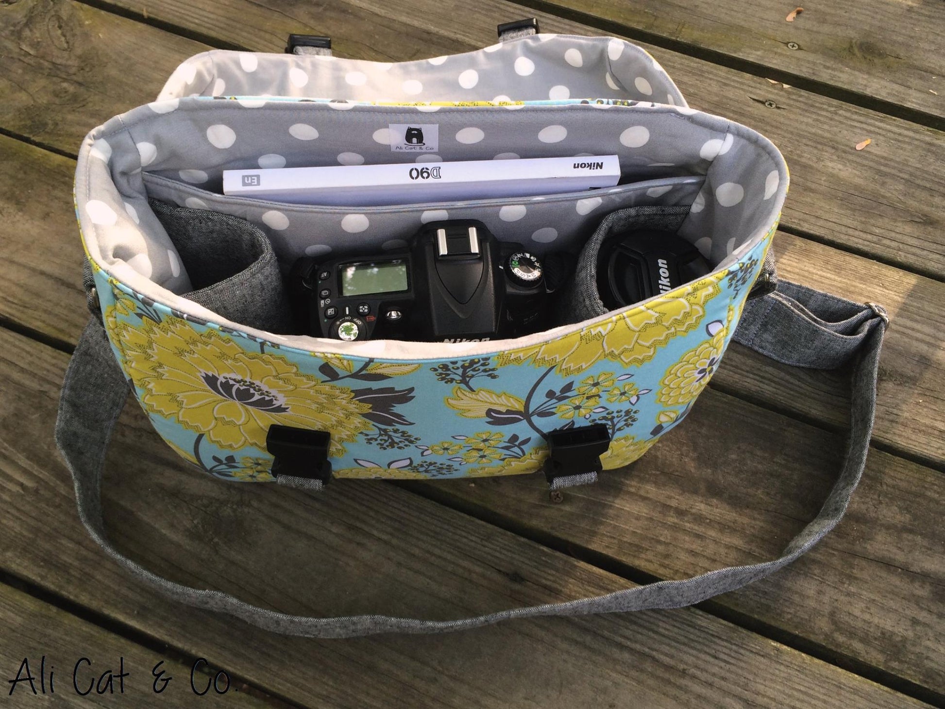 Camille Camera Bag Sewing Pattern  made by Brianne Matlage spotty interior