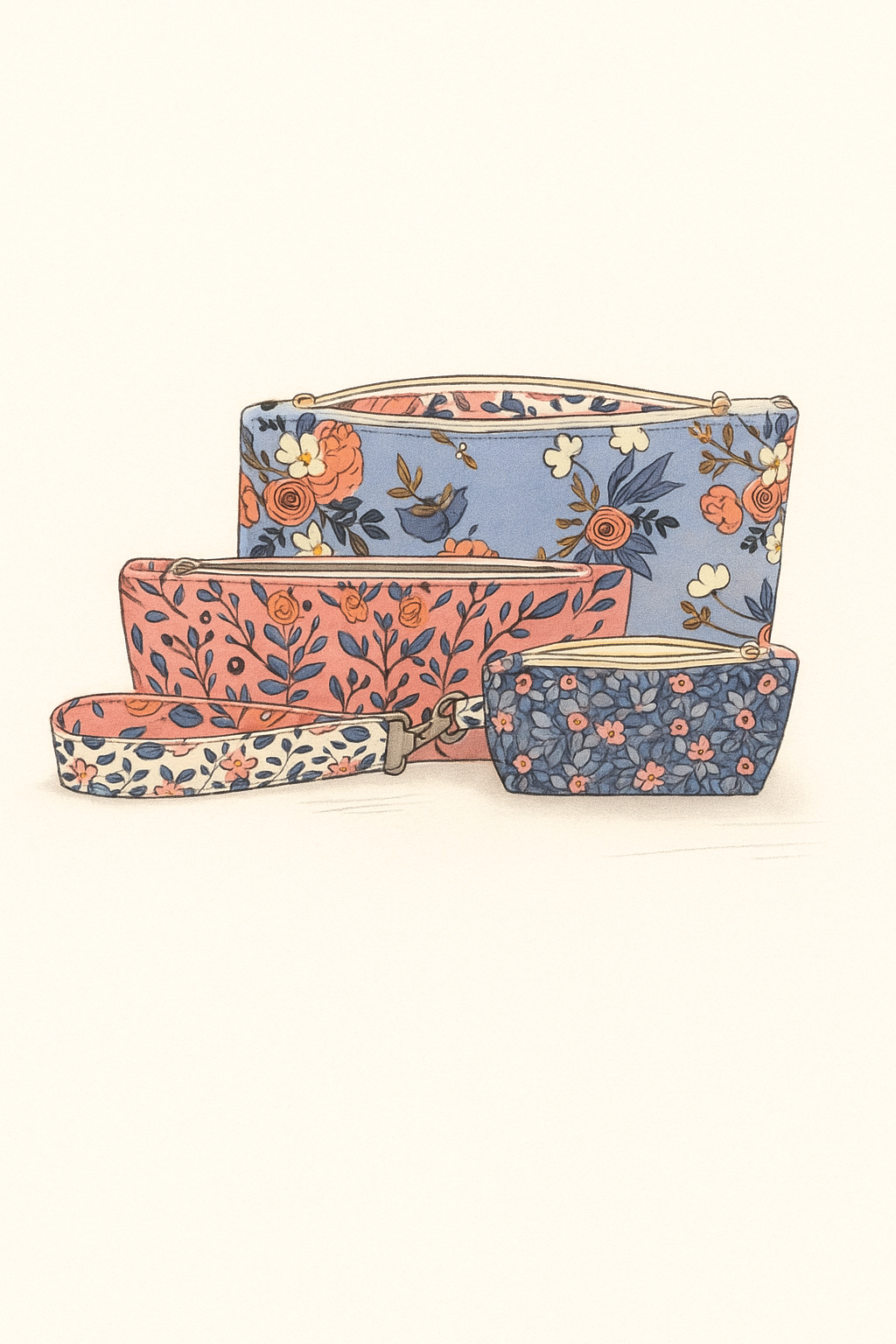 Set of floral-patterned pouches and a keyring on a white background