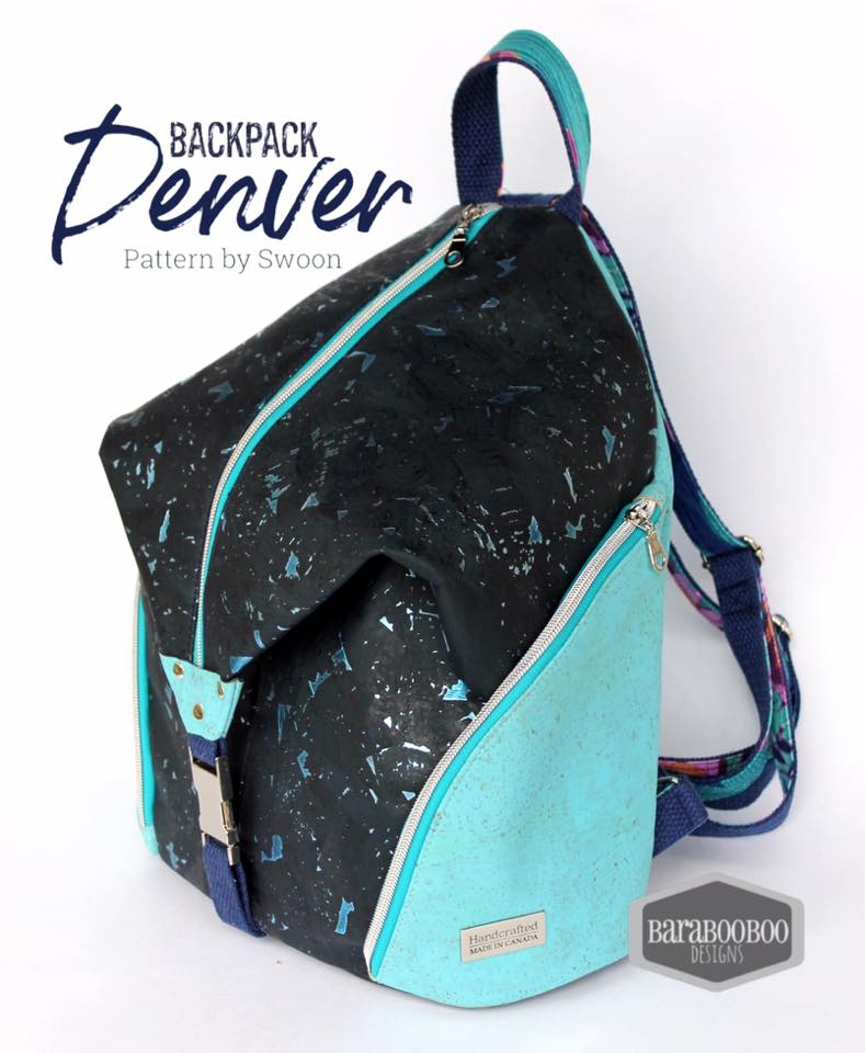 Denver Backpack sewing pattern made by Michelle Wilkinson Tripp black and blue fabric
