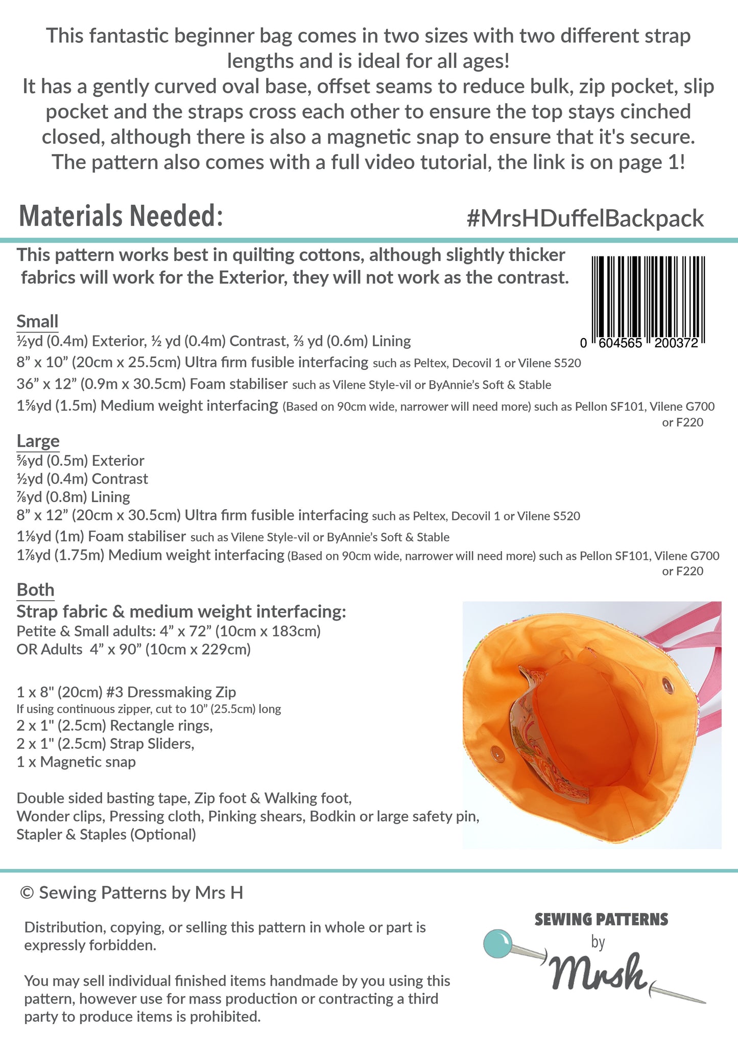 Duffel Backpack PDF Sewing Pattern, A5DuffelBackpackBackCover