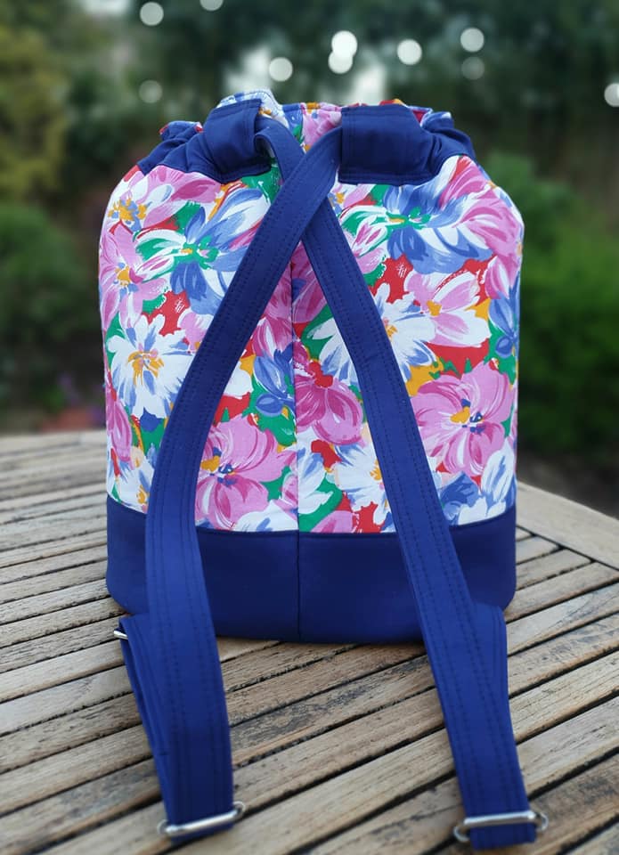 Duffel Backpack PDF Sewing Pattern,  floral fabric with blue detail