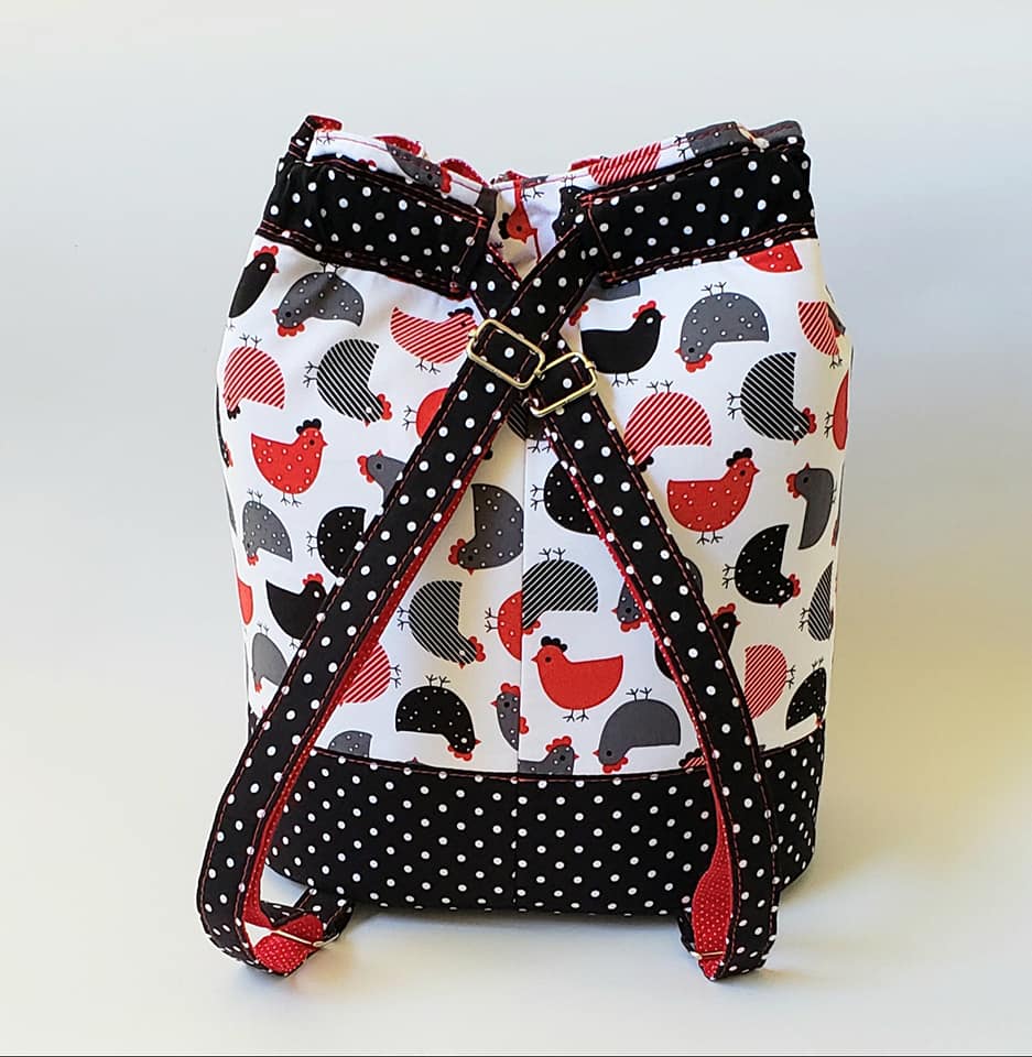Duffel Backpack PDF Sewing Pattern,  spotty and chicken fabric