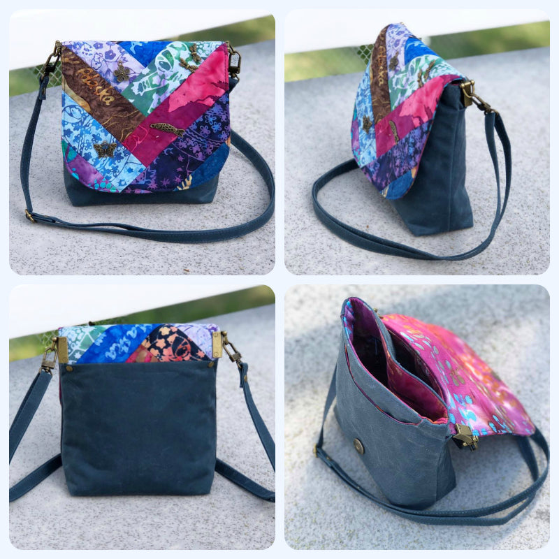 The Crossbody Bag PDF Sewing Pattern rear view with bold printed fabric collage