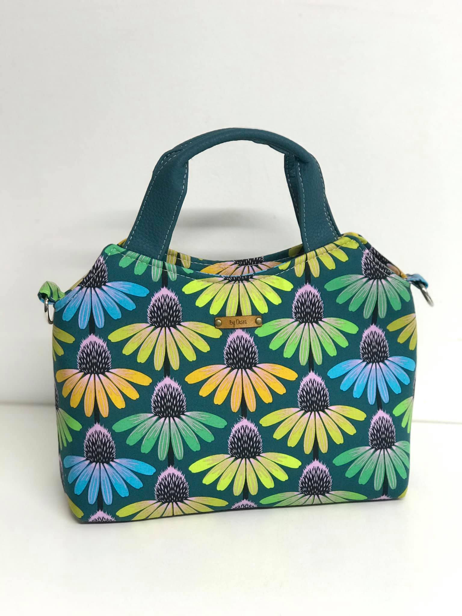 Hope Handbag PDF Sewing Pattern - made by Desra Brown floral fabric blue