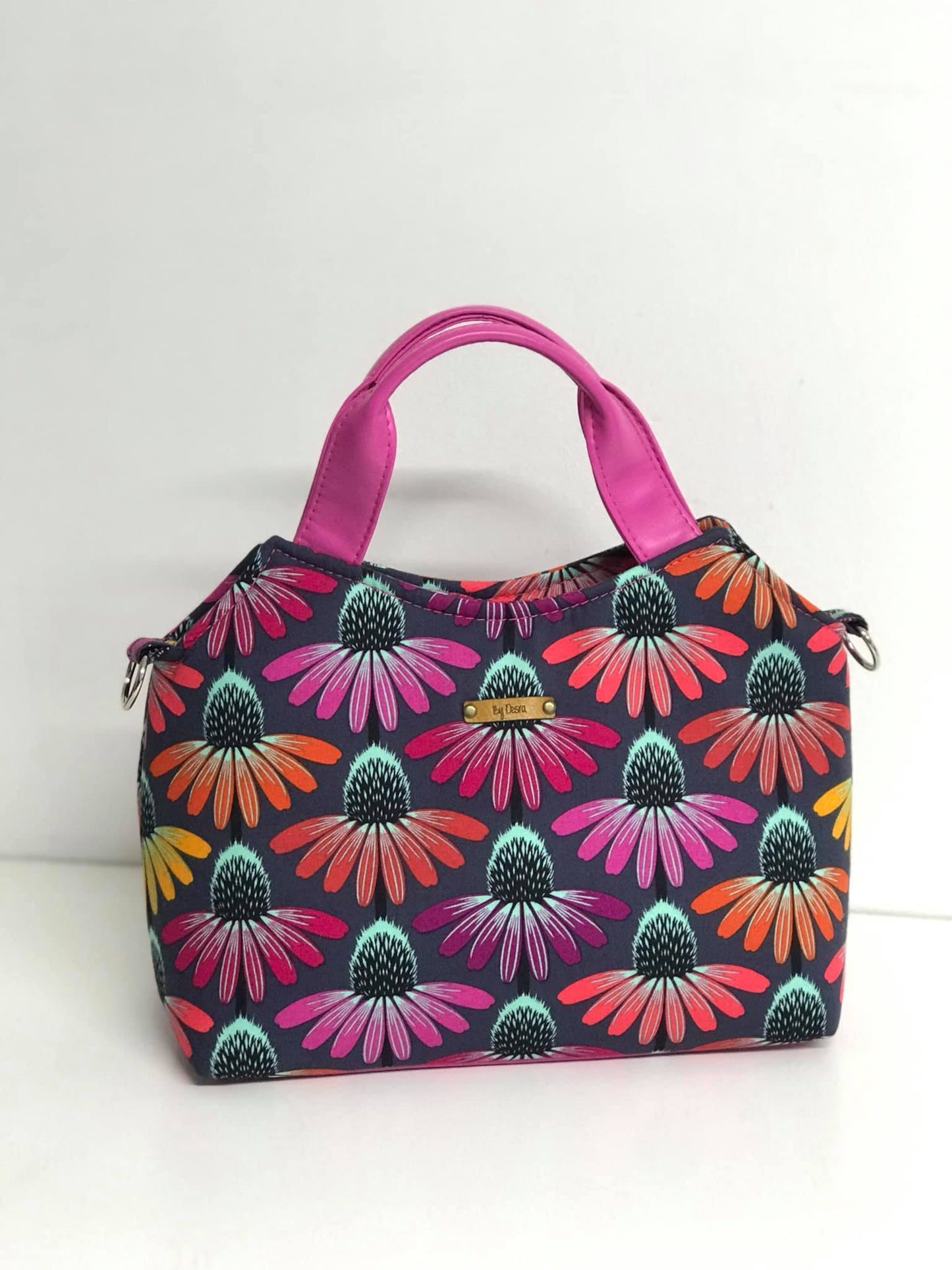Hope Handbag PDF Sewing Pattern - made by Desra Brown floral fabric pink