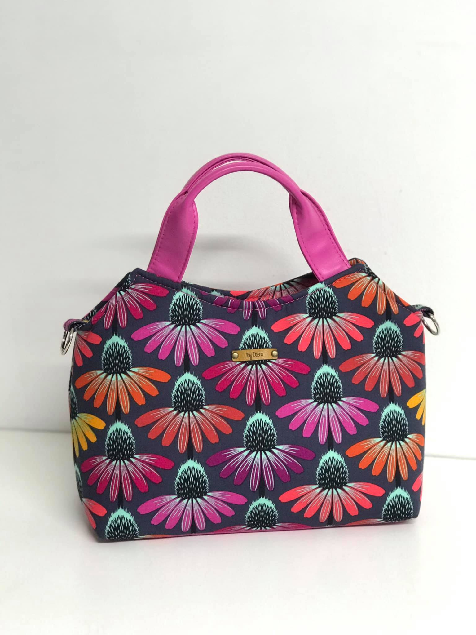 Hope Handbag PDF Sewing Pattern - made by Desra Brown floral fabric pink