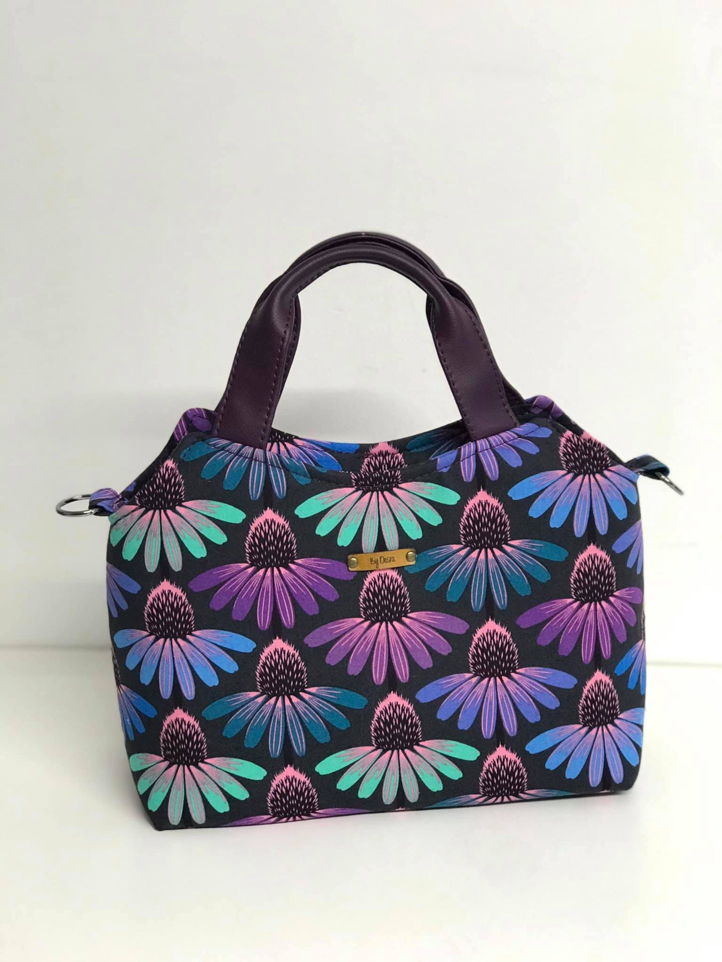 Hope Handbag PDF Sewing Pattern - made by Desra Brown floral fabric purple