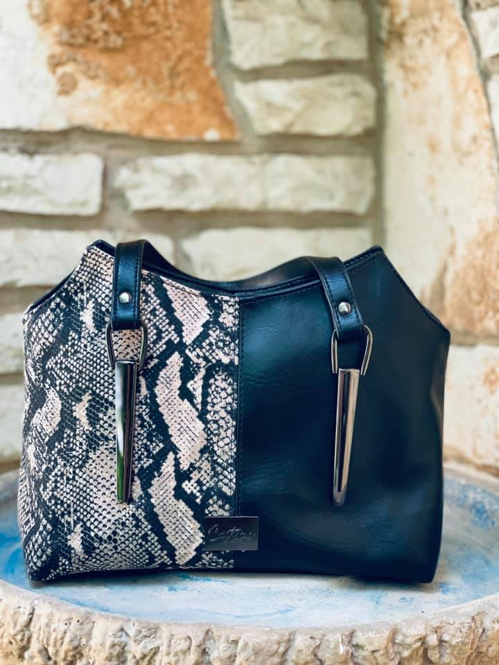 Hope Handbag PDF Sewing Pattern - made by Monica snake style fabric with gold detail