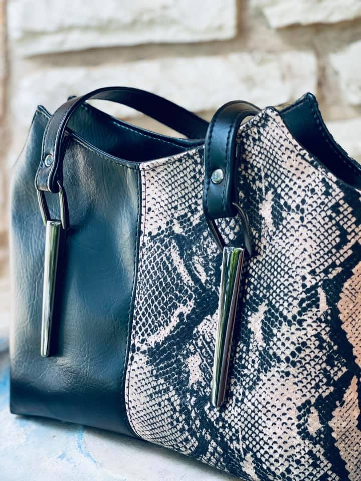 Hope Handbag PDF Sewing Pattern - made by Monica snake style fabric with silver detail