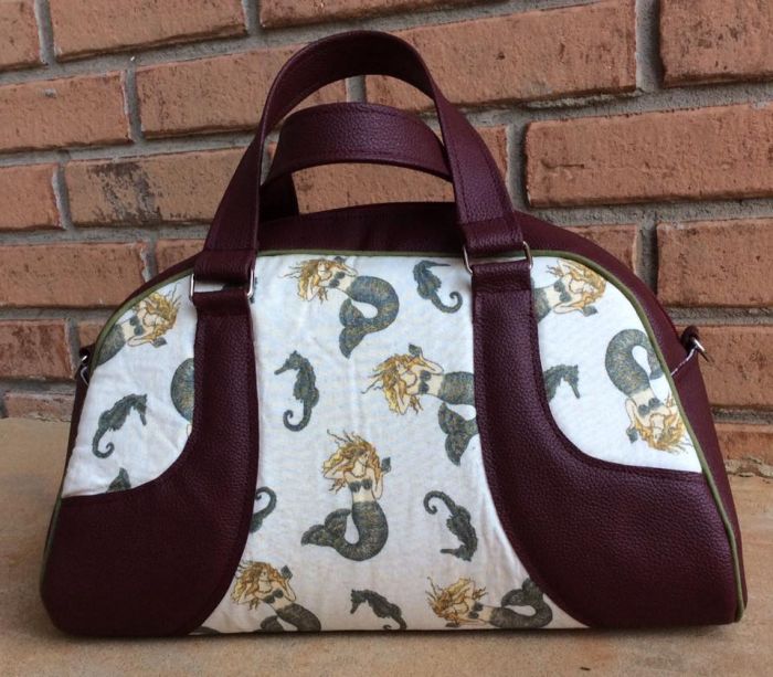Maisie Bowler Handbag Sewing Pattern made by Sandra mermaid fabric
