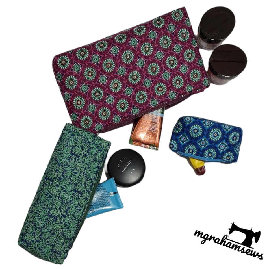 Patterned pouches and containers on a white background with 'mghamesews' branding.