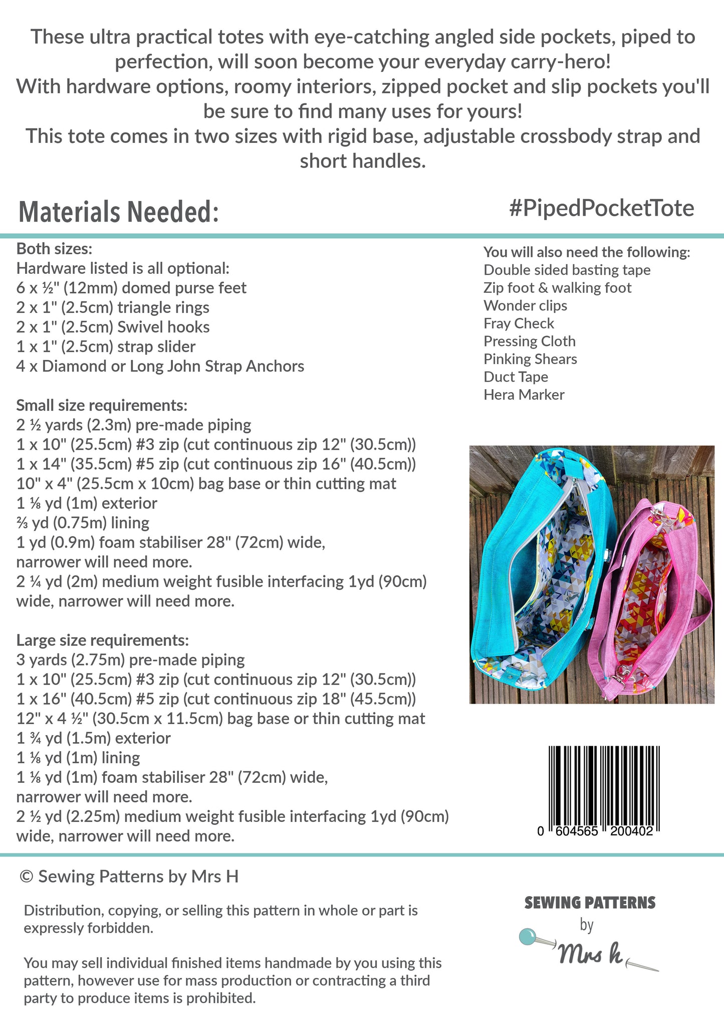 Piped Pocket Tote PDF Sewing Pattern