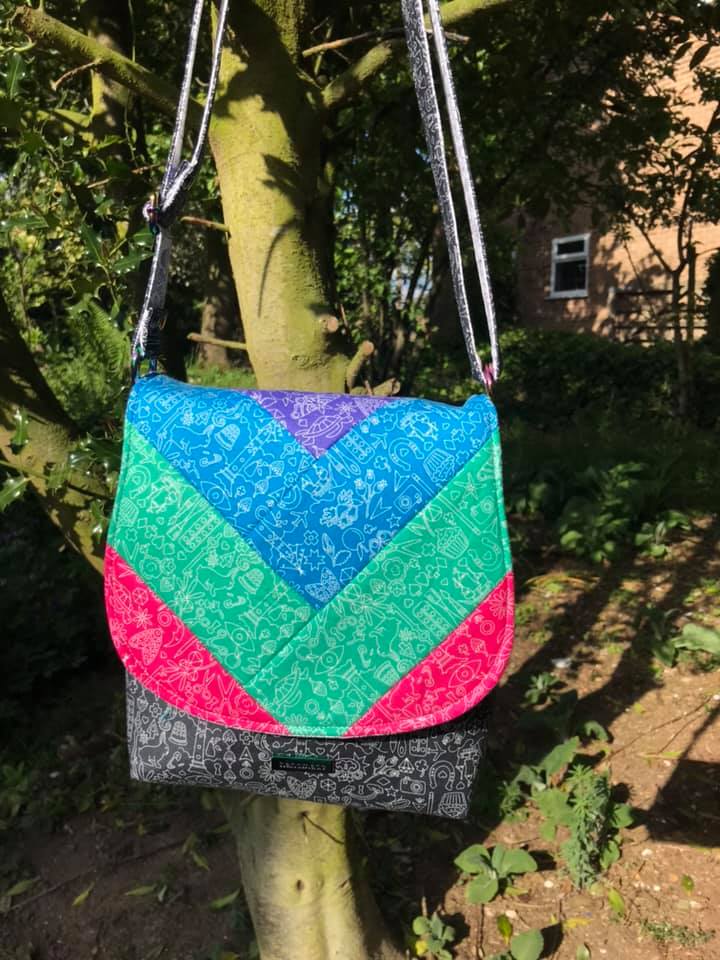 The Crossbody Bag PDF Sewing Pattern rear view with printed fabric