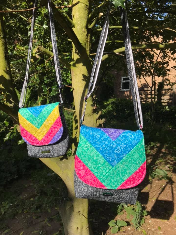 The Crossbody Bag PDF Sewing Pattern rear view with printed fabric  x2 versions