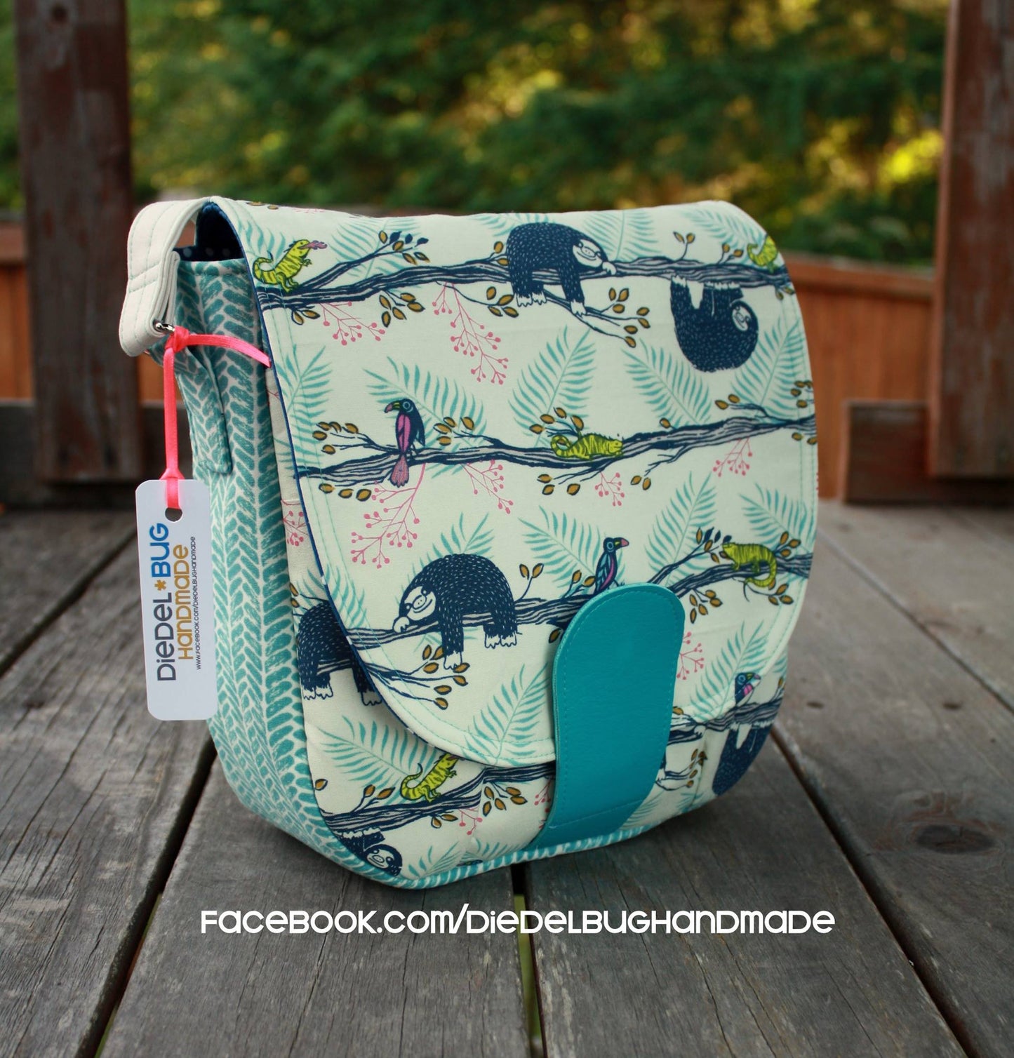 Sandra Saddle Bag Sewing Pattern made by Erin Morris sloth fabric