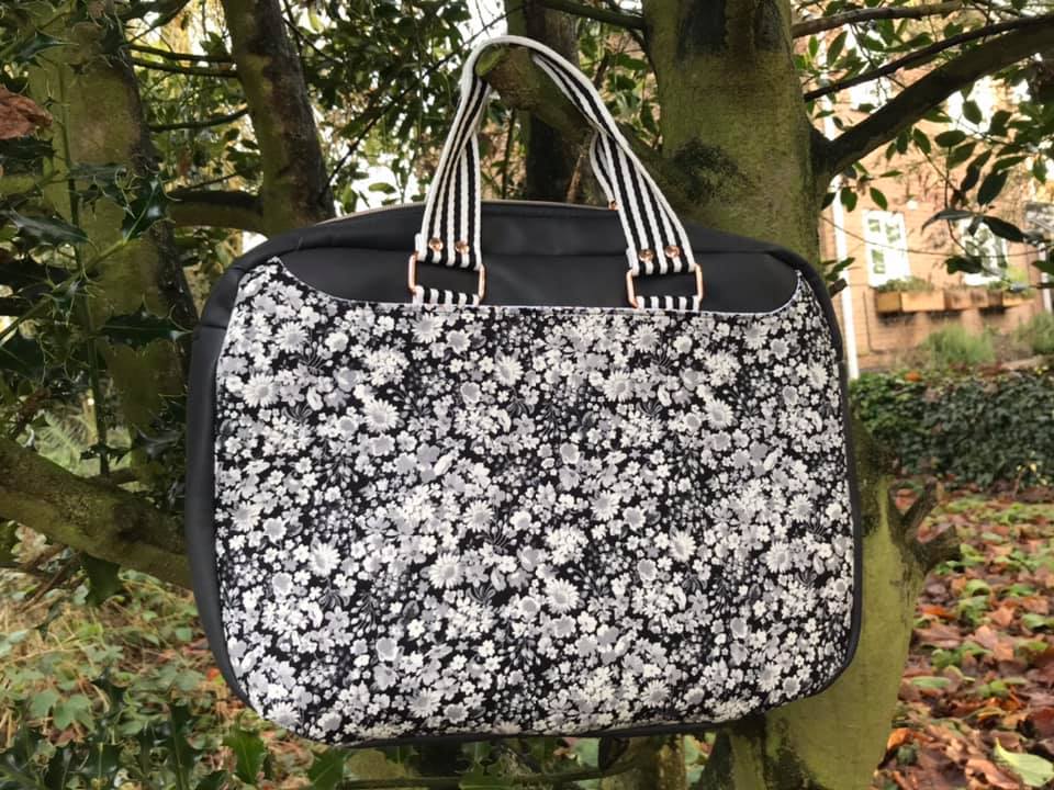 Side Hustle PDF Sewing Pattern, black and white floral fabric