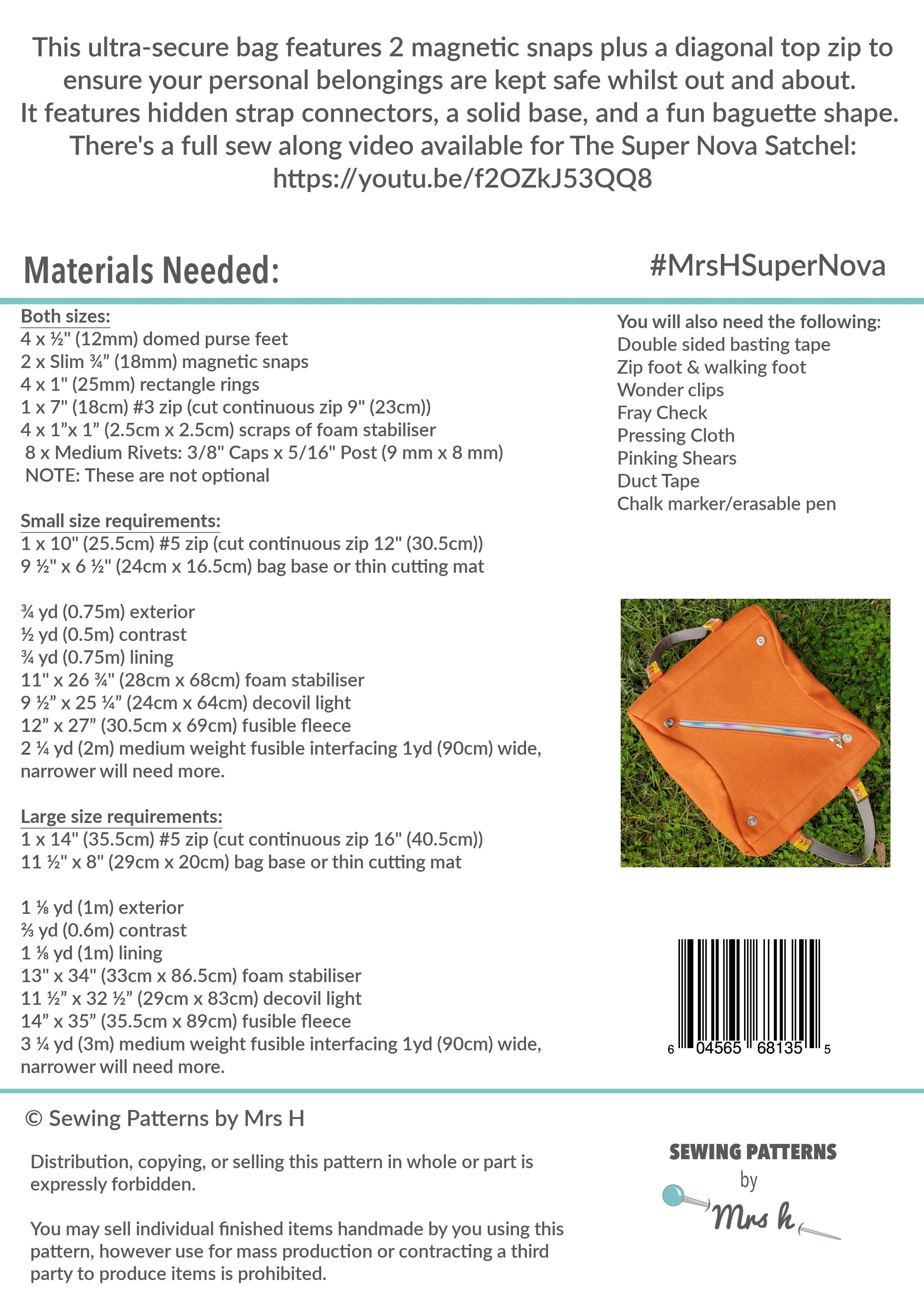 Super Nova Satchel PDF Sewing Pattern back cover