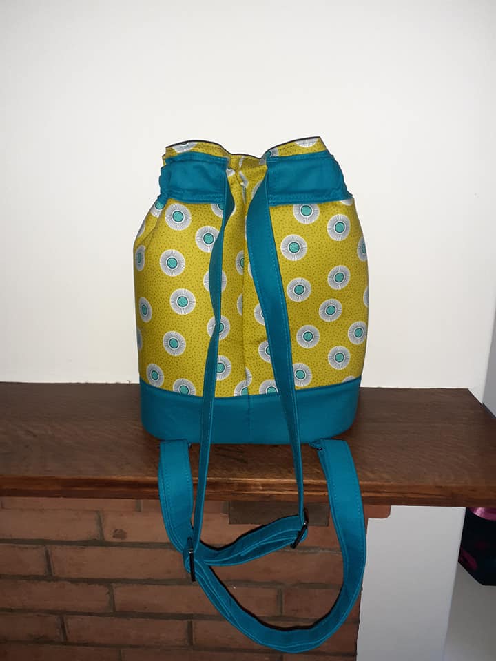 Duffel Backpack PDF Sewing Pattern,  Yellow spotty fabric with blue details