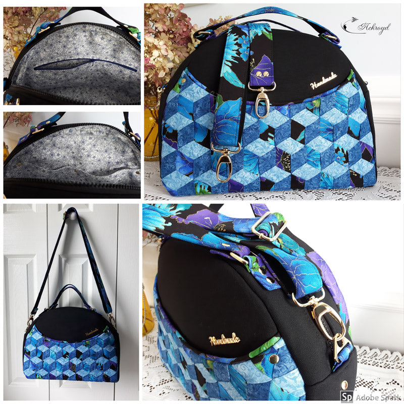 The Bowler Bag PDF Sewing Pattern blue geometric fabric made by Diana Ackroyd