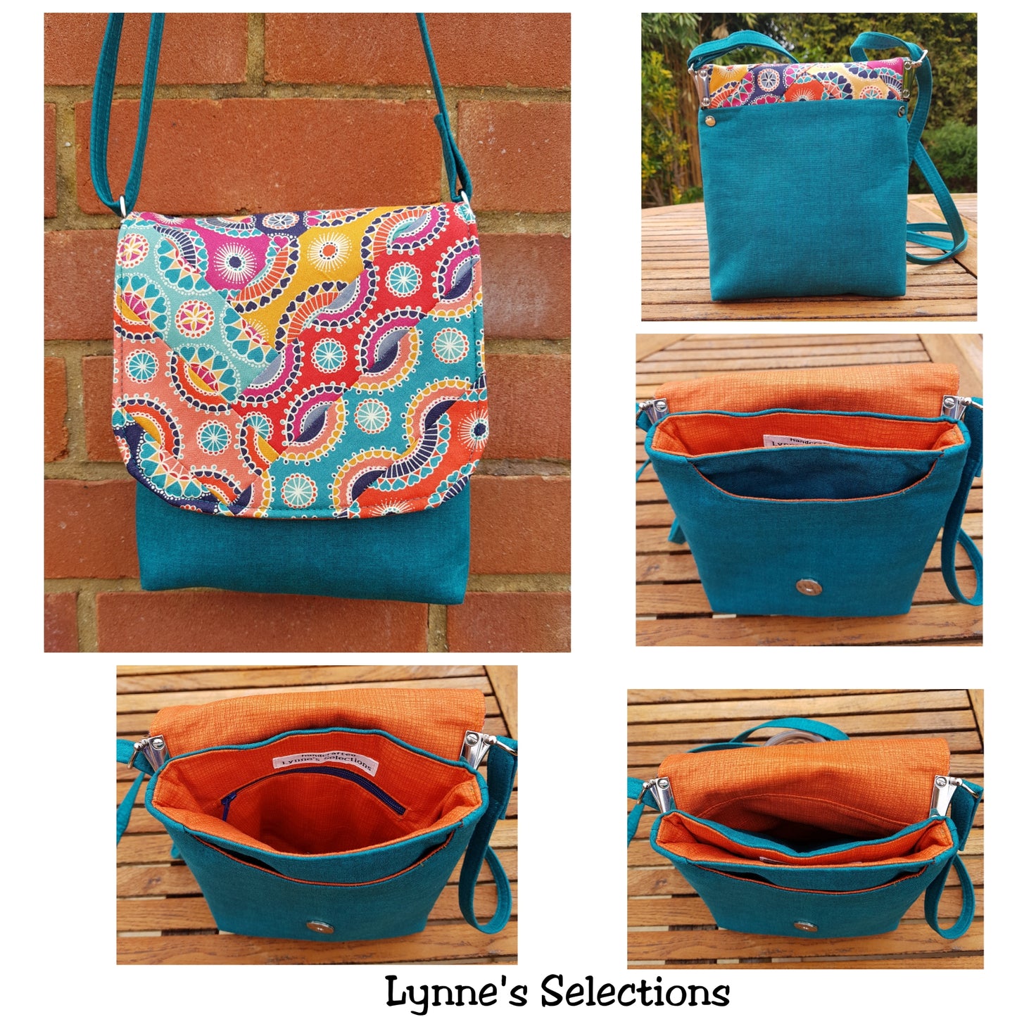 The Crossbody Bag PDF Sewing Pattern 
blue with orange interior made by Lynne's selections