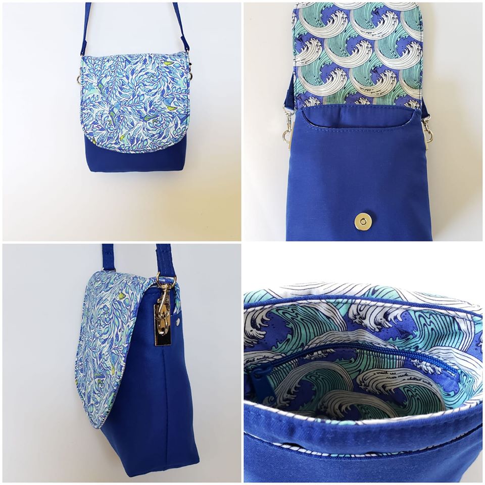 The Crossbody Bag PDF Sewing Pattern rear view with bold printed fabric collage