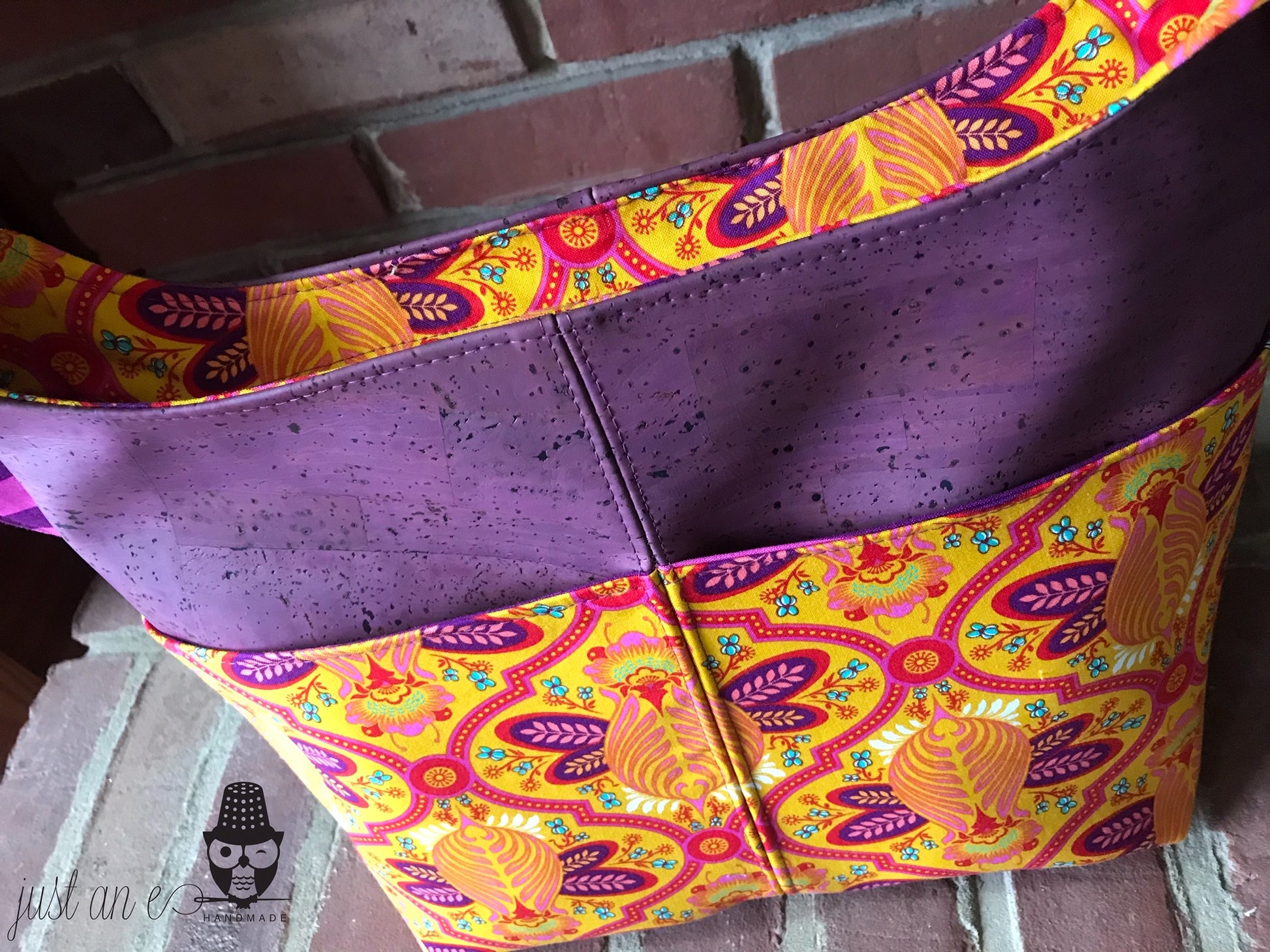 The Ring Sling PDF Bag Sewing Pattern geometric fabric purple, yellow and pink print