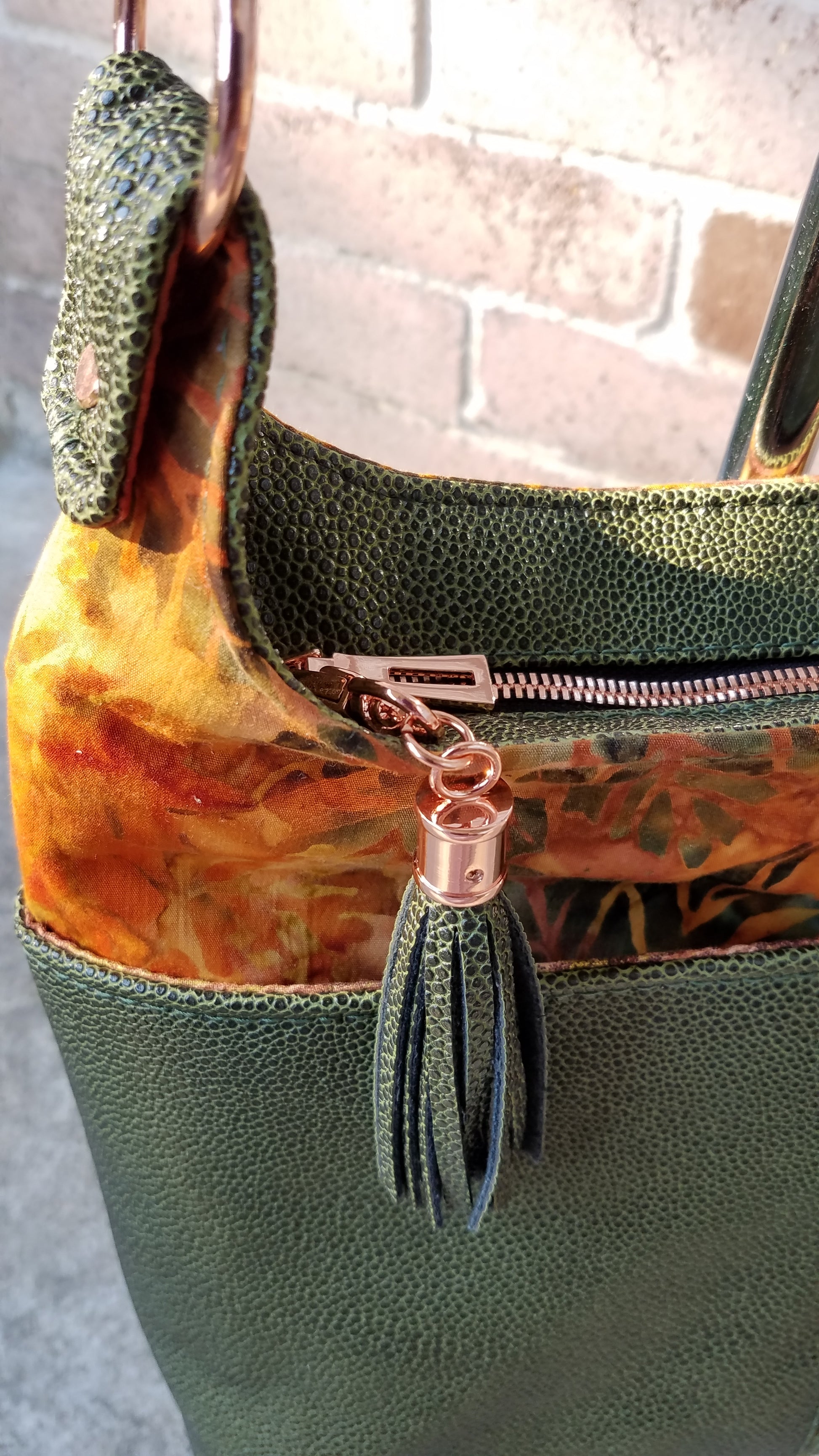 The Ring Sling PDF Bag Sewing Pattern grey and orange fabric with tassel