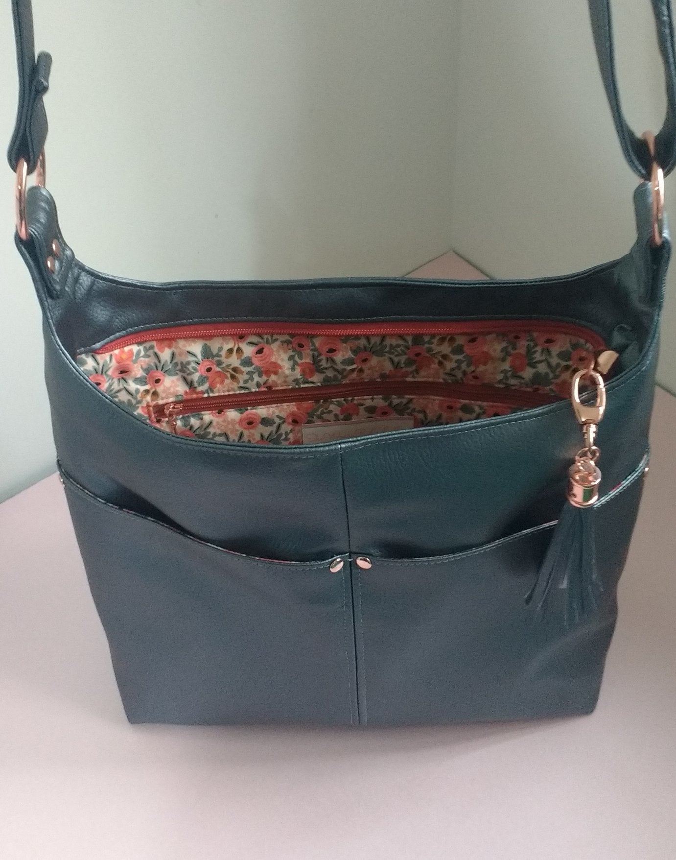 The Ring Sling PDF Sewing Pattern black with tassel with floral interior