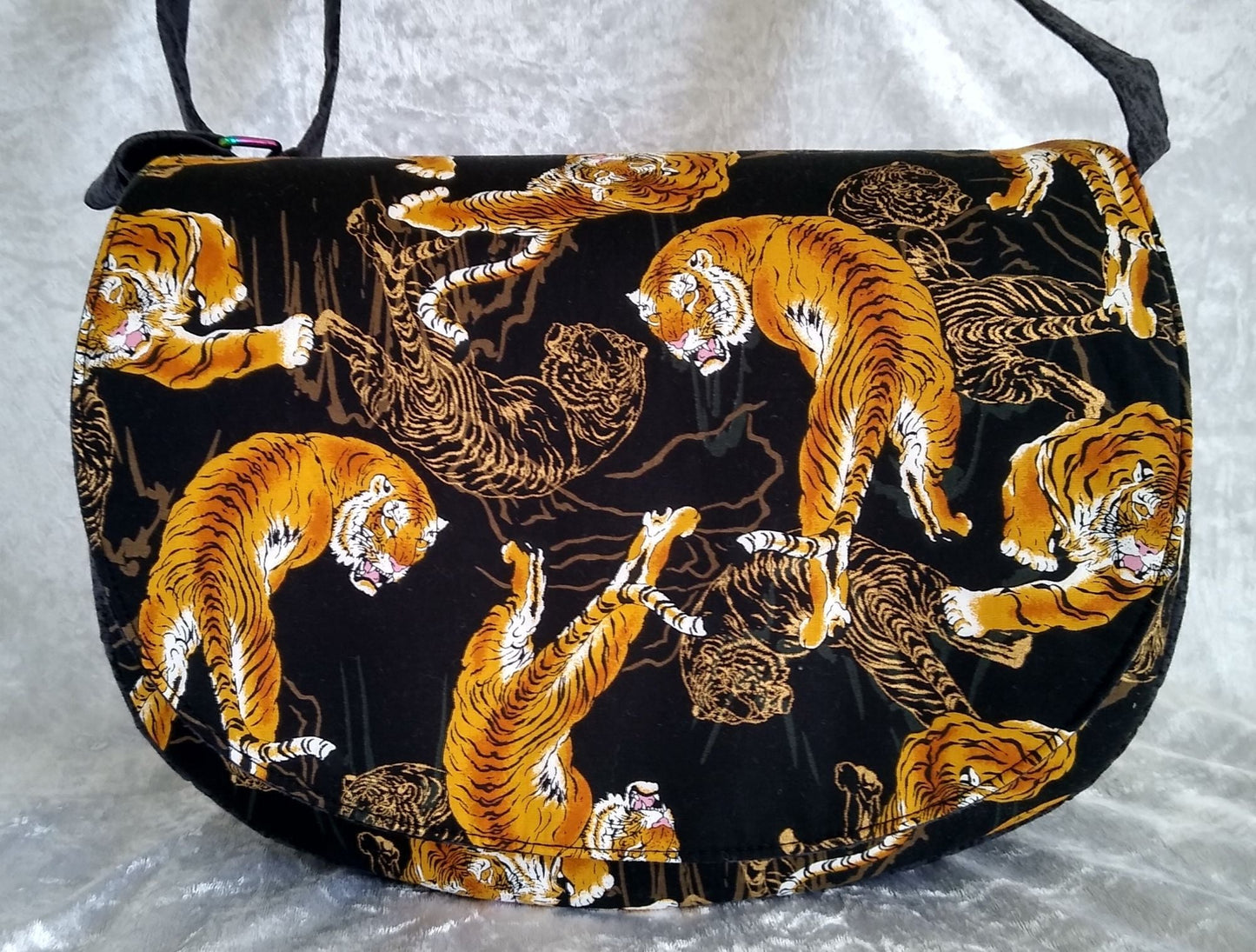 The Sassy Saddlebag PDF Sewing Pattern tiger print fabric font of bag