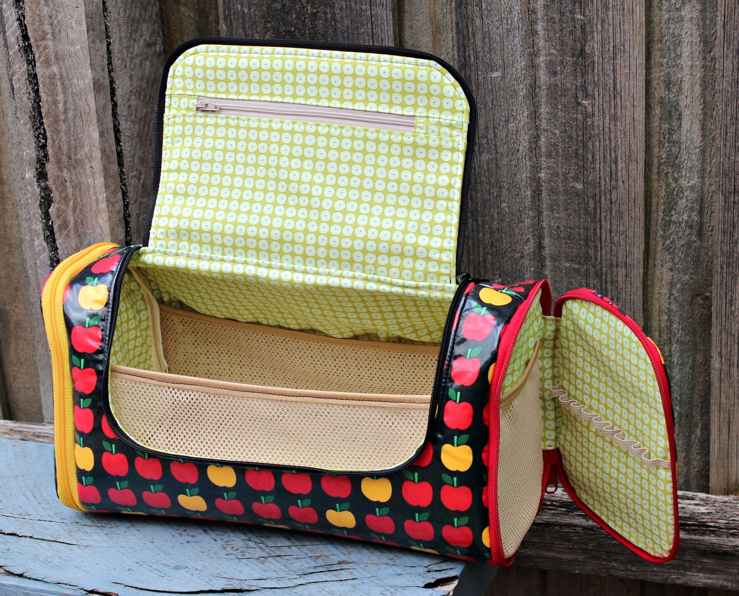 The Toiletry Tote PDF Sewing Pattern apple print fabric
