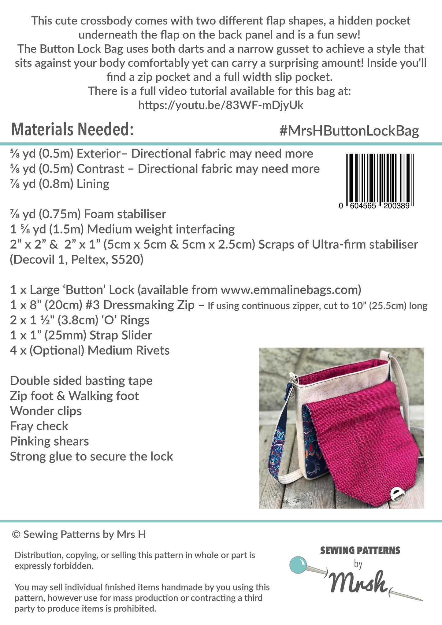 Button Lock Bag PDF Pattern