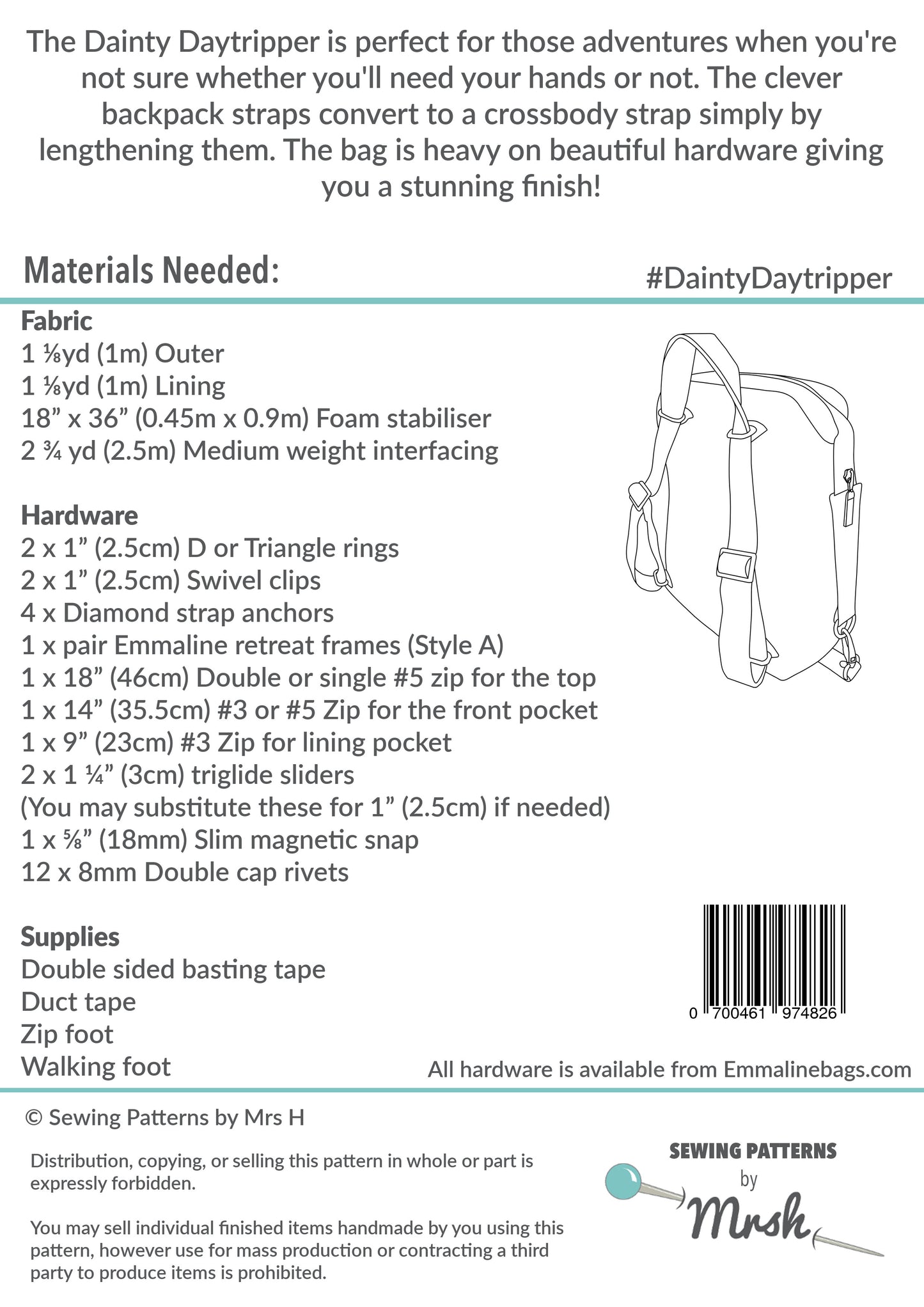 The Dainty Daytripper PDF Sewing Pattern rear cover 