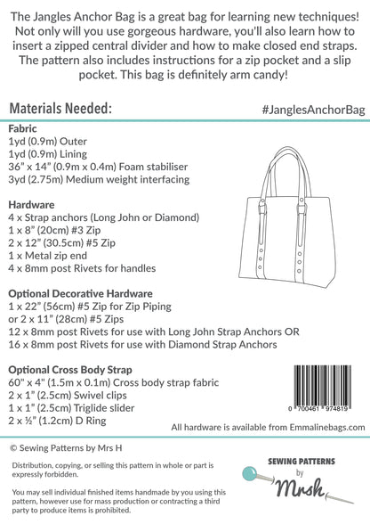 The Jangles Anchor Bag PDF Sewing Pattern back cover