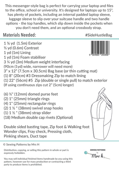 Side Hustle PDF Sewing Pattern rear cover page