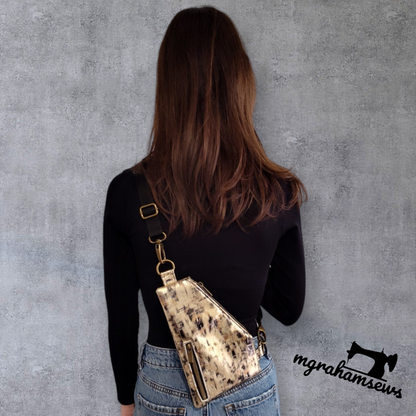 Adventurer Sling Bag Paper Sewing Pattern made by MIchelle Graham, bag being worn backwards