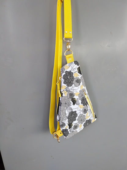 Adventurer Sling Bag Paper Sewing Pattern made by Marcia Pantin floral fabric with yellow strap
