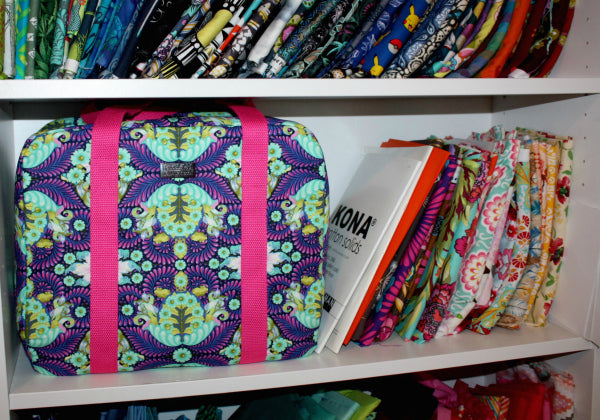 The Machine Bag PDF Sewing Pattern - shelf of fabrics and THe Machine bag