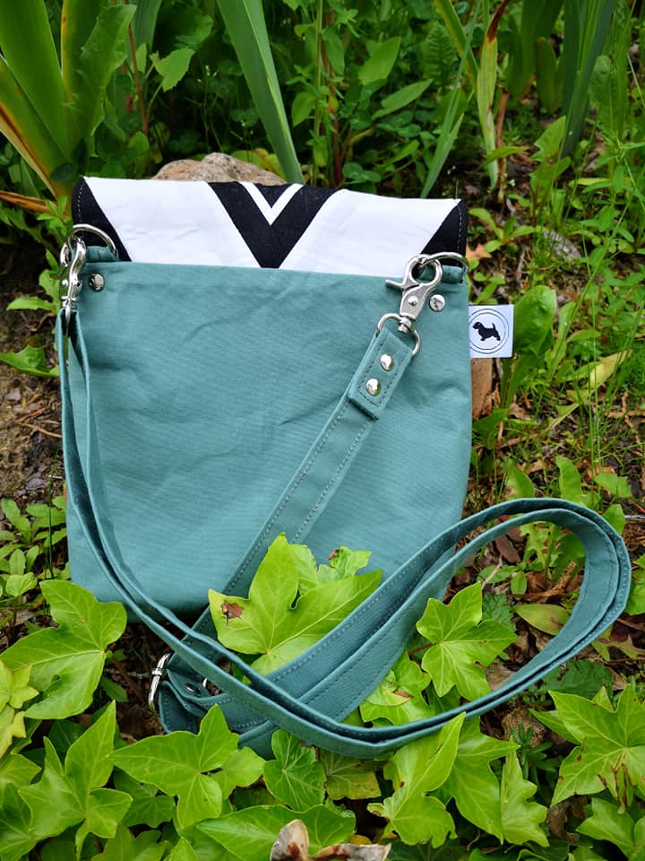 The Crossbody Bag PDF Sewing Pattern back panel in blue fabric 