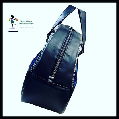 Betty Bowler Bag Sewing Pattern  made by Brandy Beans blue fabric zipper area