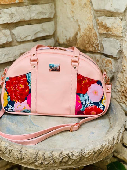 Betty Bowler Bag Sewing Pattern  made by Monica Bernstine Castine  pink floral 