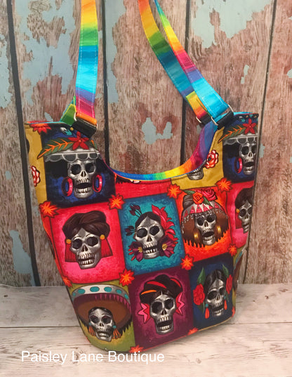 Bucket Tote PDF Sewing Pattern colourful fabric with skulls 