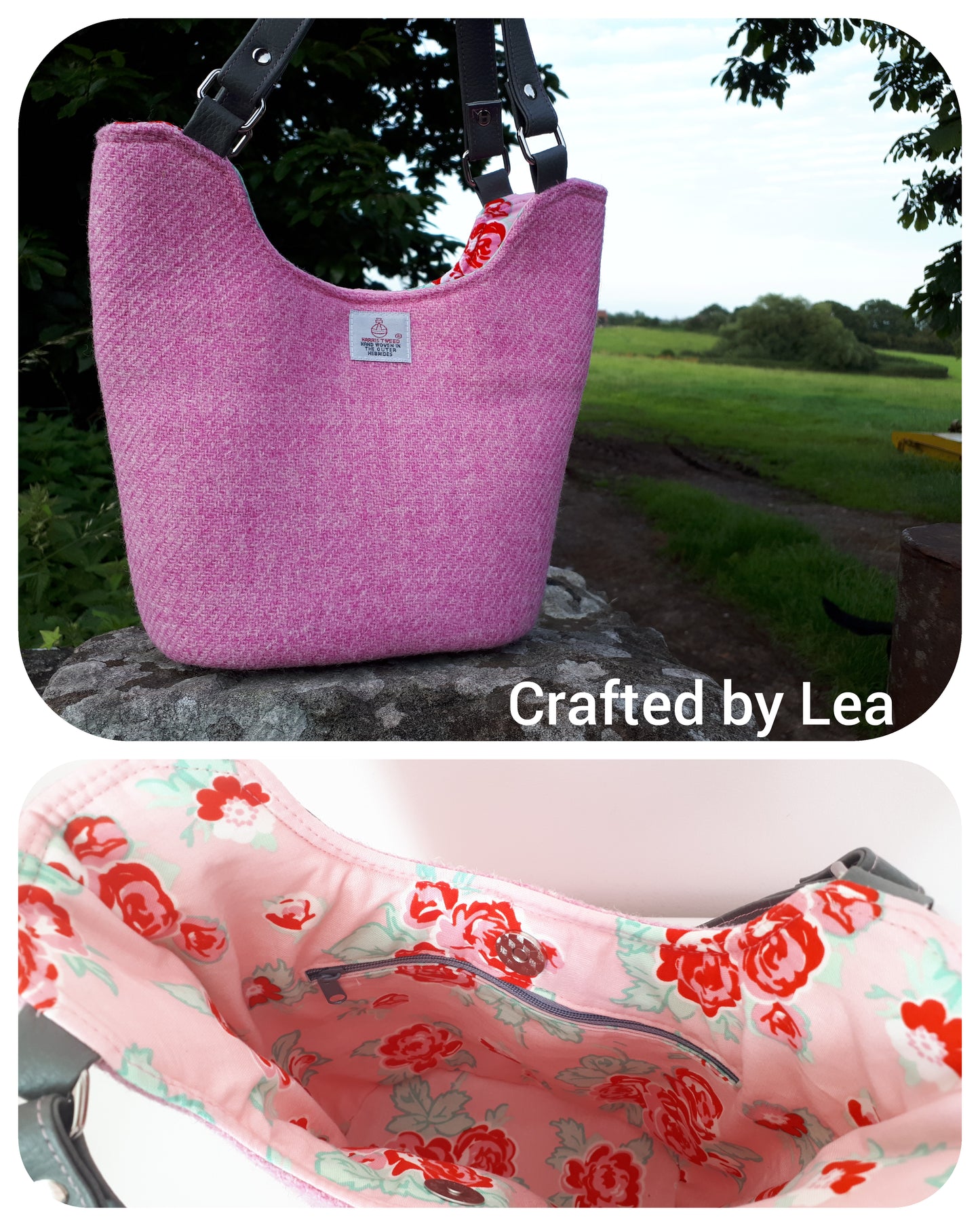 Bucket Tote PDF Sewing Pattern Tweed fabric with floral interior 