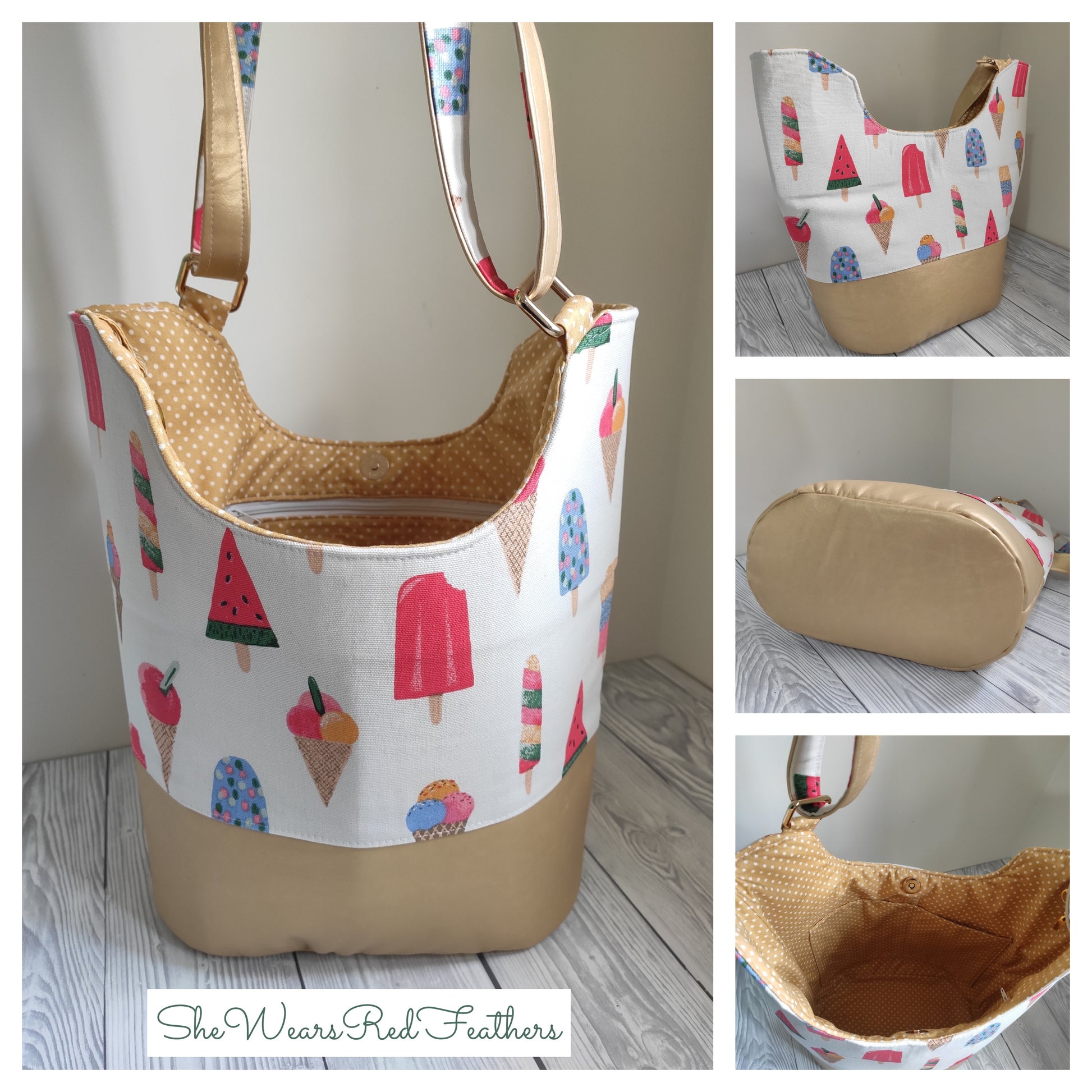 Bucket Tote PDF Sewing Pattern Ice cream fabric 