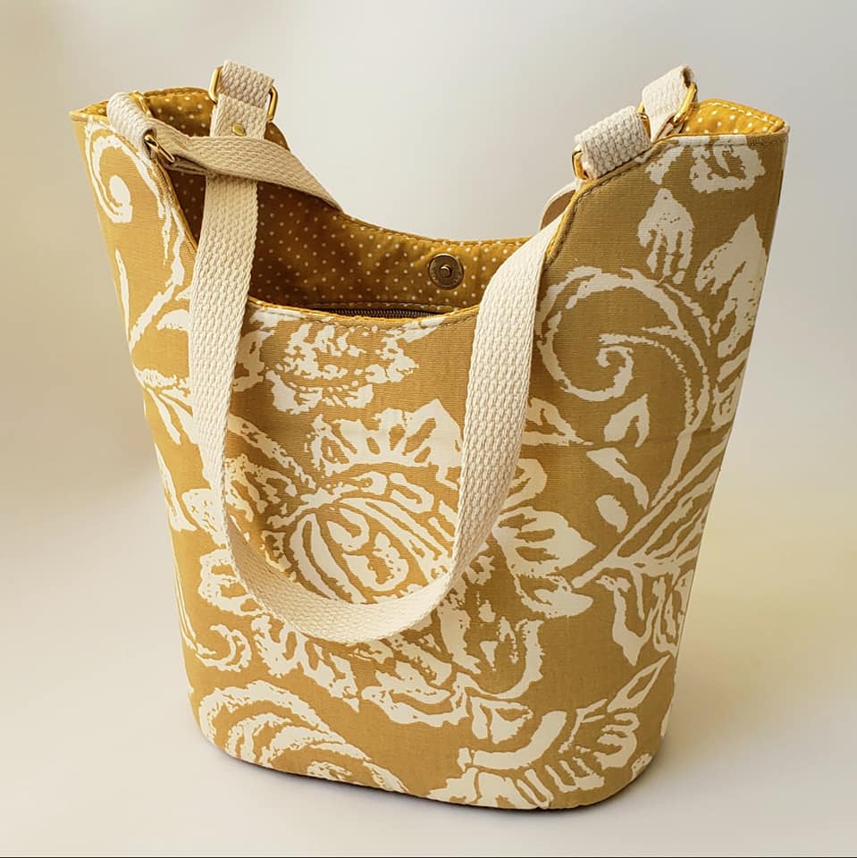 Bucket Tote PDF Sewing Pattern yellow fabric and white strap 