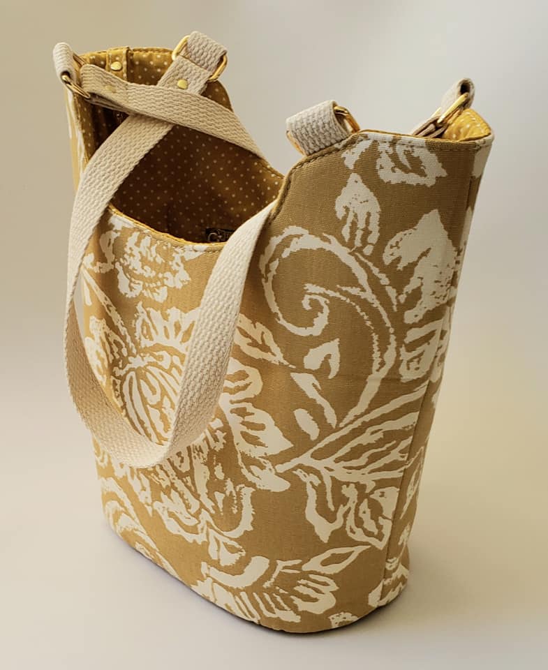 Bucket Tote PDF Sewing Pattern Yellow swirl fabric 